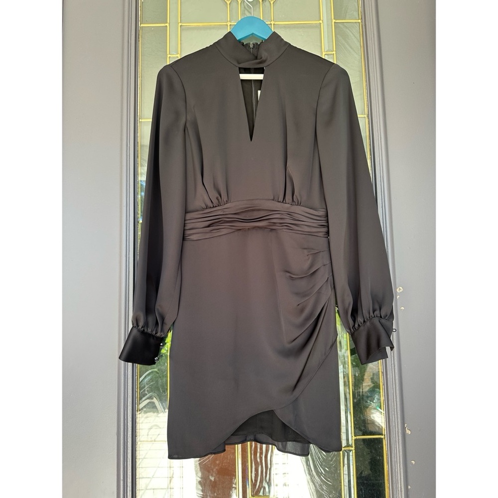Ramy Brook Black Satin Long-Sleeve Keyhole Wrap Dress, 4 NWT - Picture 2 of 6